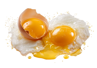 Two fried eggs with one yolk broken and spilling over white albumen isolated on a transparent background
