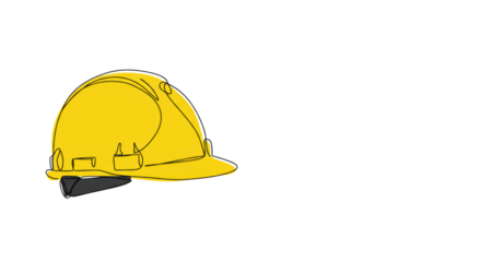 Yellow industrial hard hat illustrated in a minimalist continuous single line style on a white background with copy space. Concept of workplace safety