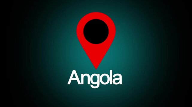A video showcasing a red location pin icon on a dark background with the word Angola written below it