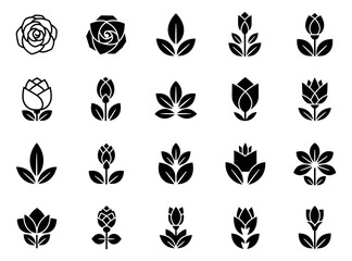 Minimalist geometric floral icon set featuring various stylized flowers, buds, and leaves for branding, nature concepts, or decoration