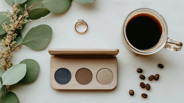 Beauty e-commerce white-back hero: open 4-pan eyeshadow palette + empty silver ring + glass cream jar, high-gloss material contrast, ideal for flagship detail or 618 banner