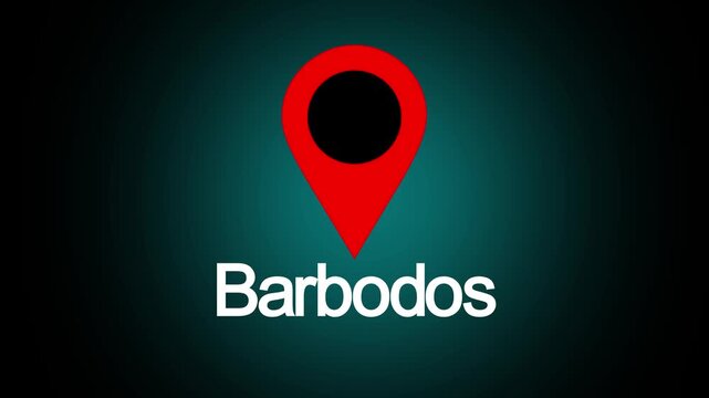 A video showcasing a red location pin on a dark background with the word Barbados
