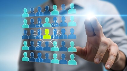 A businessman interacting with a digital interface displaying a grid of human icons