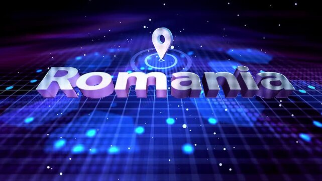 Romania Location Text Animation on Futuristic Digital Grid Background location, pin, marker, map, country, text
