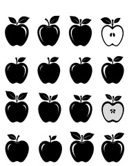 Black & white apple illustrations with slight variations, some solid, others with cutaway views showing seeds. Simple shapes & outlines