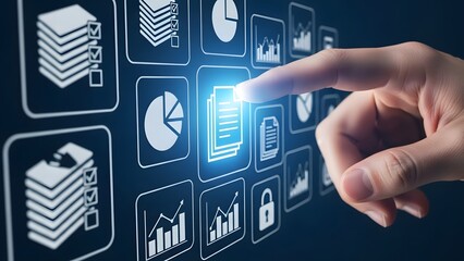 A hand interacting with virtual icons of data management and analytics on a digital interface