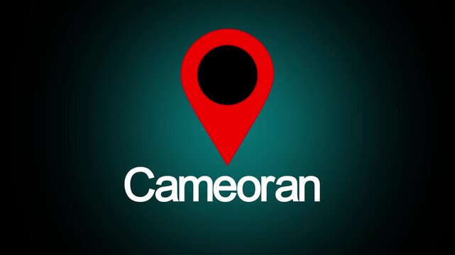 A video showcasing a red location pin on a dark background with the word Cameoran