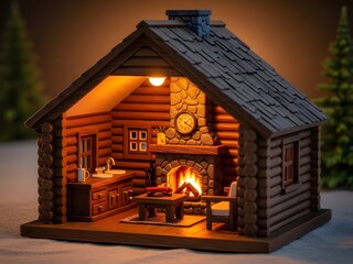 Cozy Log Cabin Interior with Fireplace and Warm Lighting