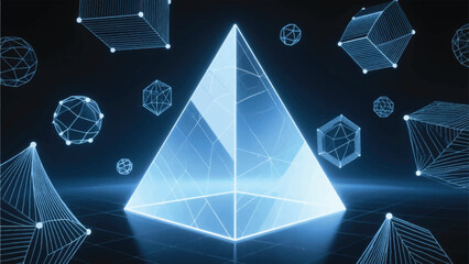 Illustration Of A Large Prism Projecting Multiple Geometric Objects, Light Is Scattered In Precise Lines Vector Design Template © BedRoses