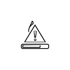 Black & white digital illustration of a triangular warning sign with exclamation point above loading bar. It signifies attention and processing