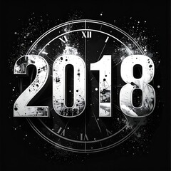 Black & white design featuring "2018" over a clock face & dark background with splash effects. A celebratory graphic