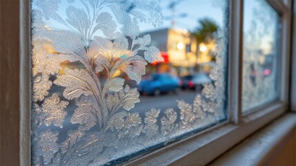 Frosted window shows morning light on street with cars and buildings outside