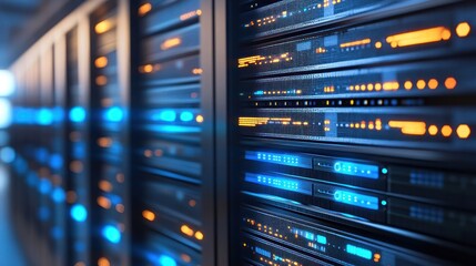 Servers with glowing lights in a data center during a busy workday