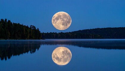 The moon hangs full, reflected in a tranquil lake bordered by a forested landscape