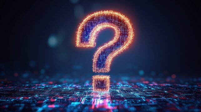 Colorful glowing question mark on digital background at night