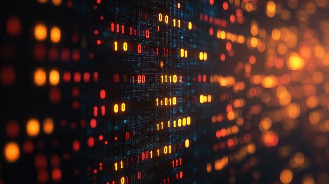 Digital display shows binary code with orange and yellow lights at night
