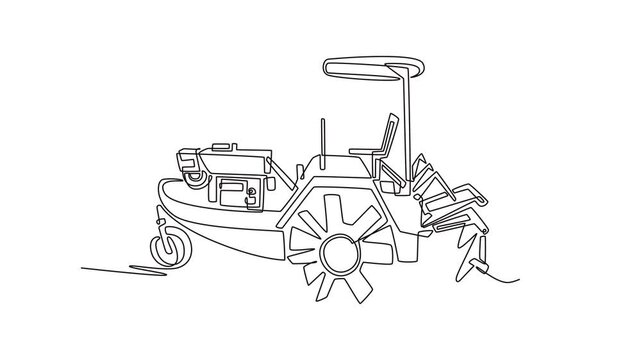 Self drawing animation of single line draw side view of specialized rice transplanter machine, highlighting unique mechanical structure and planting components. Continuous line. Full length animated