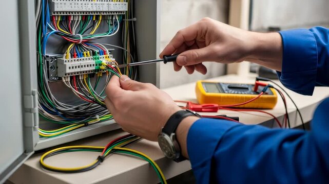 Electrician man connecting wires in electrical circuit breaker. Maintenance of apartment building electrical systems and residential property.