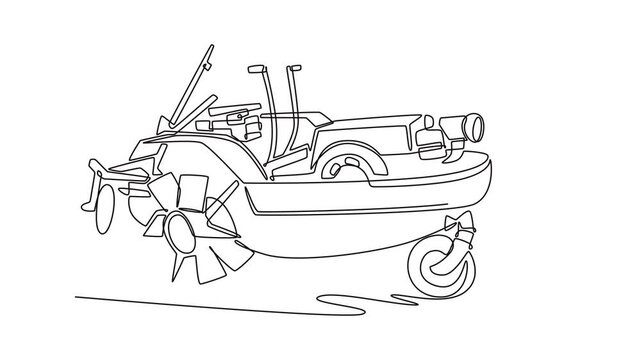 Self drawing animation single line draw detailed modern agricultural rice transplanter machine, used for automated seedling planting in paddy or corn fields. Continuous line draw. Full length animated