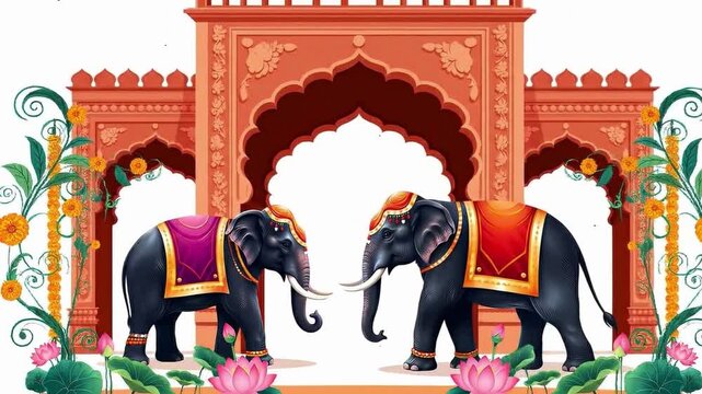 Two Decorated Elephants Standing in Front of Ornate Indian Archway with Floral Decorations and