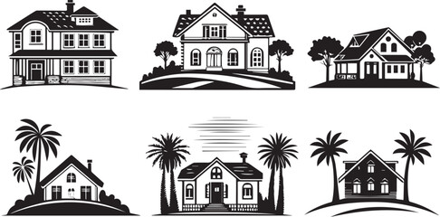 House Silhouette with Minimal Home Exterior Black Vector Illustration.