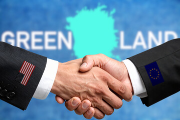 Map of Greenland and a handshake between America and the European Union as a symbol of a deal