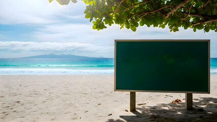 Green sign on beach under tree, coastal information board on ocean shore for vacation navigation in tropical resort destination area