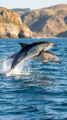 Fototapeta premium Two Common Dolphins Leaping Out of Blue Ocean Water with Coastal Hills Background