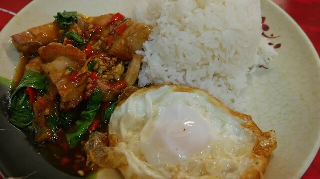 Thai Spicy Basil Stir-Fried Pork with Rice and Fried Egg Khao Pad Krapow