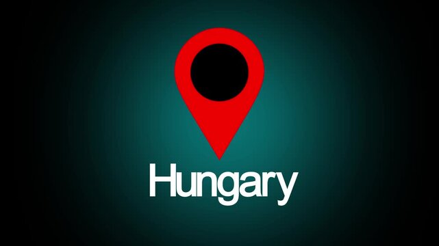 A video showcasing a red location pin icon on a dark background with the word Hungary written below it