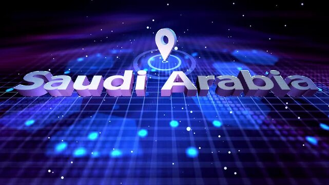 Saudi Arabia Location Text Animation on Futuristic Digital Grid Background location, pin, marker, map, country, text