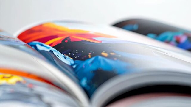 Close-up of open magazines showcasing vibrant abstract art, perfect for print media.