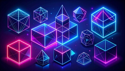 Neon geometric shapes glow against a dark blue background, showcasing modern design