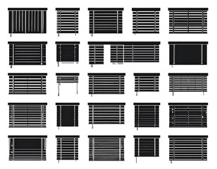 Black & white silhouettes of various window blinds