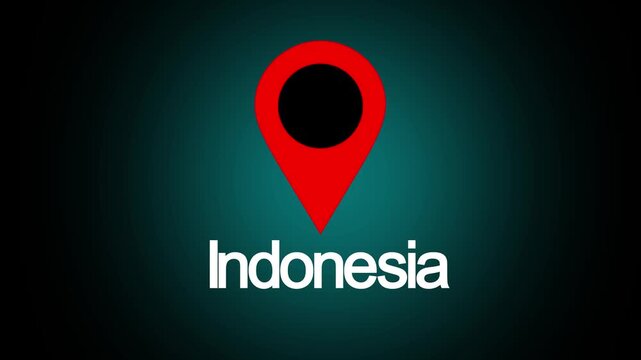 A video showcasing a red location pin icon on a dark background with the word Indonesia