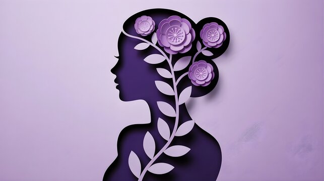 Elegant purple silhouette of a woman adorned with intricate paper-cut flowers and leaves