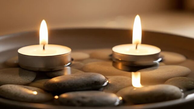 Serene spa ambiance with floating tea lights on water and smooth river stones creating a calming warm glow ideal for relaxation and wellness