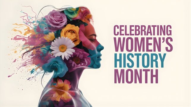 A vibrant celebration of women's history month with blooming flowers and artistic expression