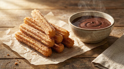 Fototapeta premium Crispy Spanish Churros with Dark Chocolate Dipping Sauce