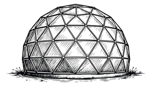 Hand drawn line art illustration of a geodesic dome depicting modern architecture for design concepts