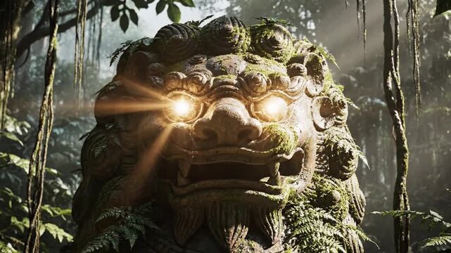 Custom chinese new year Guardian Lion statue jungle ruins mystery