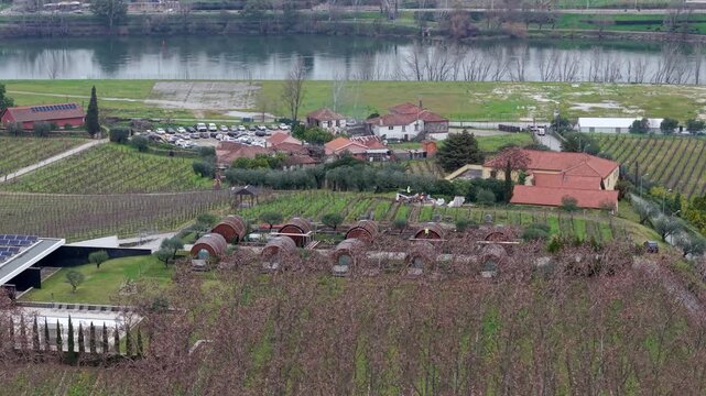 Wine barrel suites at Quinta da Pacheca, Douro Valley vineyards, Drone shot