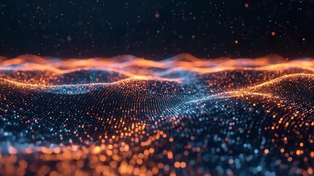 Abstract digital landscape with glowing particles forming wavy lines, creating a futuristic and dynamic background.