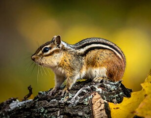 Obraz premium A cute chipmunk perches on a weathered log with a vibrant fall backdrop
