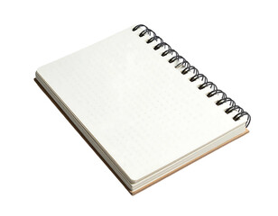 Open notebook with dotted paper and a spiral binding, lying at an angle on black backdrop
