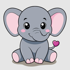 A cute baby elephant and small mouse character share a smile in this funny vector illustration featuring a pink heart and isolated cartoon art
