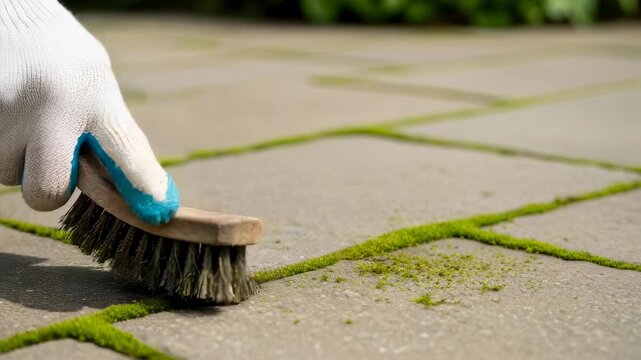 Man brushing moss from paving stone joints on a patio, close up shot of spring outdoor cleaning work.