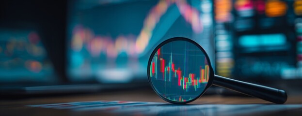 Magnifying glass focusing on stock market analysis on digital screen