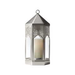 Silver moroccan lantern with candle for Ramadan and Eid decoration, isolated on transparent background