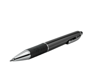Sleek black pen on a black background, showcasing detail and shine